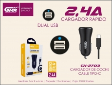 CARGADOR COCHE 2XUSB 2.4A CON CABLE USB A TIPO C 1M