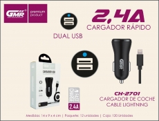 CARGADOR COCHE 2XUSB 2.4A CON CABLE USB A LIGHTNING 1M